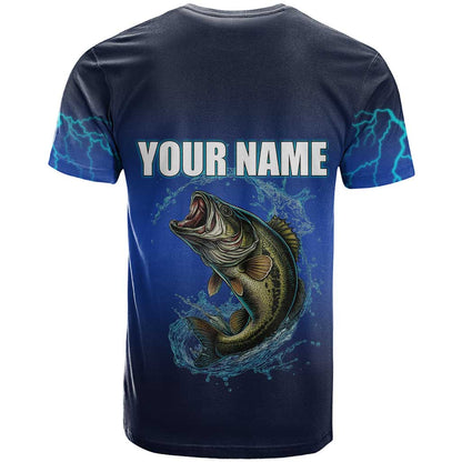 Custom Jumping Bass Fishing T-Shirt with Water Splash and Lightning Background Graphic Tee