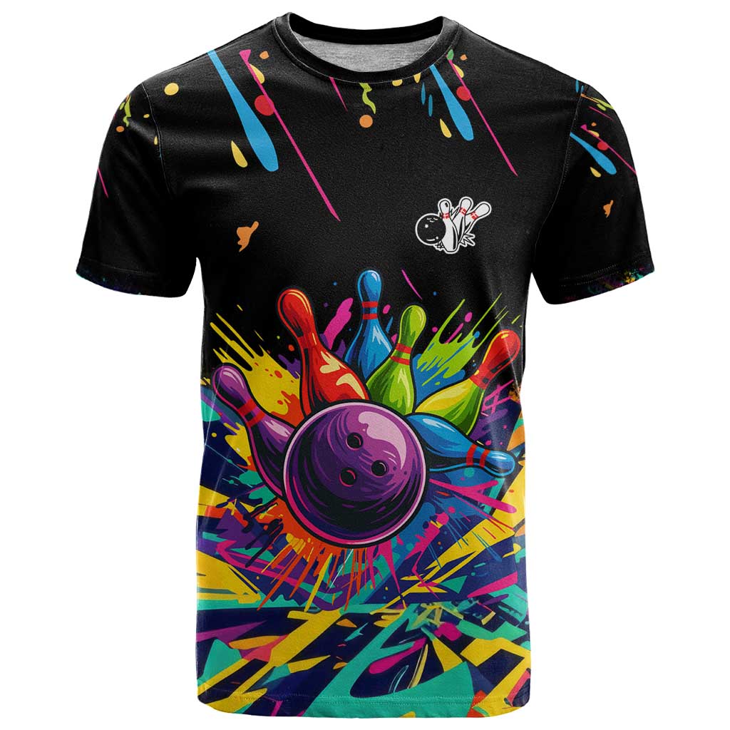 Colorful Bowling Ball and Pins Graphic T-Shirt Custom with Paint Splash Graphic Tee