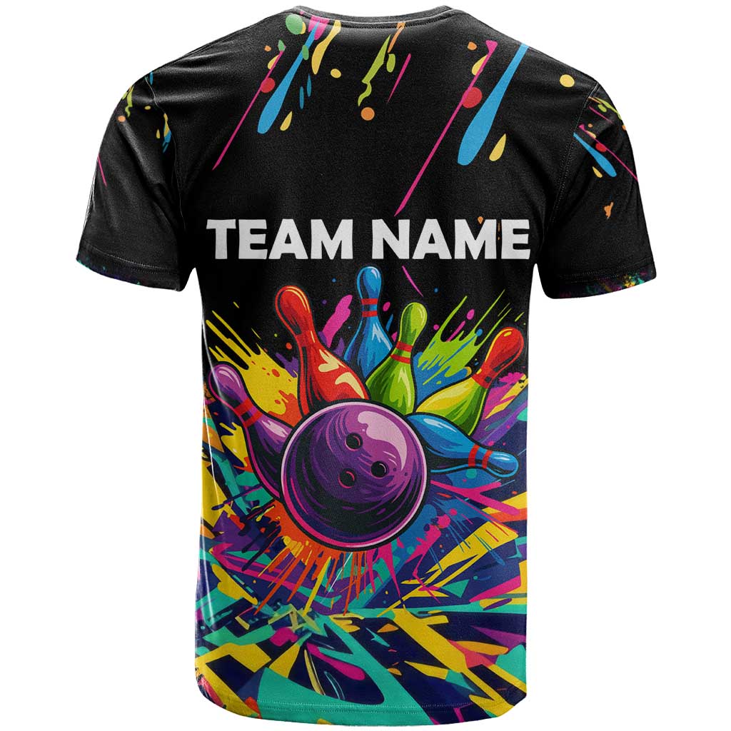 Colorful Bowling Ball and Pins Graphic T-Shirt Custom with Paint Splash Graphic Tee