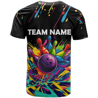 Colorful Bowling Ball and Pins Graphic T-Shirt Custom with Paint Splash Graphic Tee