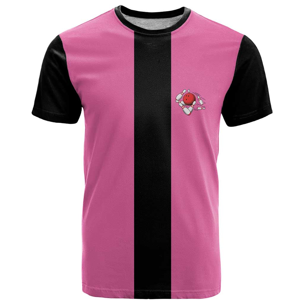 Pink and Black Bowling T-Shirt Design with Red Ball and Pins and Custom Team Name Graphic Graphic Tee