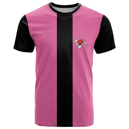 Pink and Black Bowling T-Shirt Design with Red Ball and Pins and Custom Team Name Graphic Graphic Tee