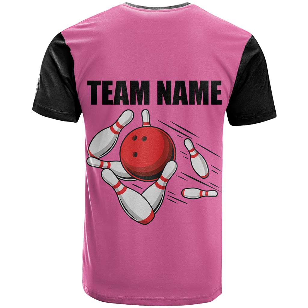 Pink and Black Bowling T-Shirt Design with Red Ball and Pins and Custom Team Name Graphic Graphic Tee
