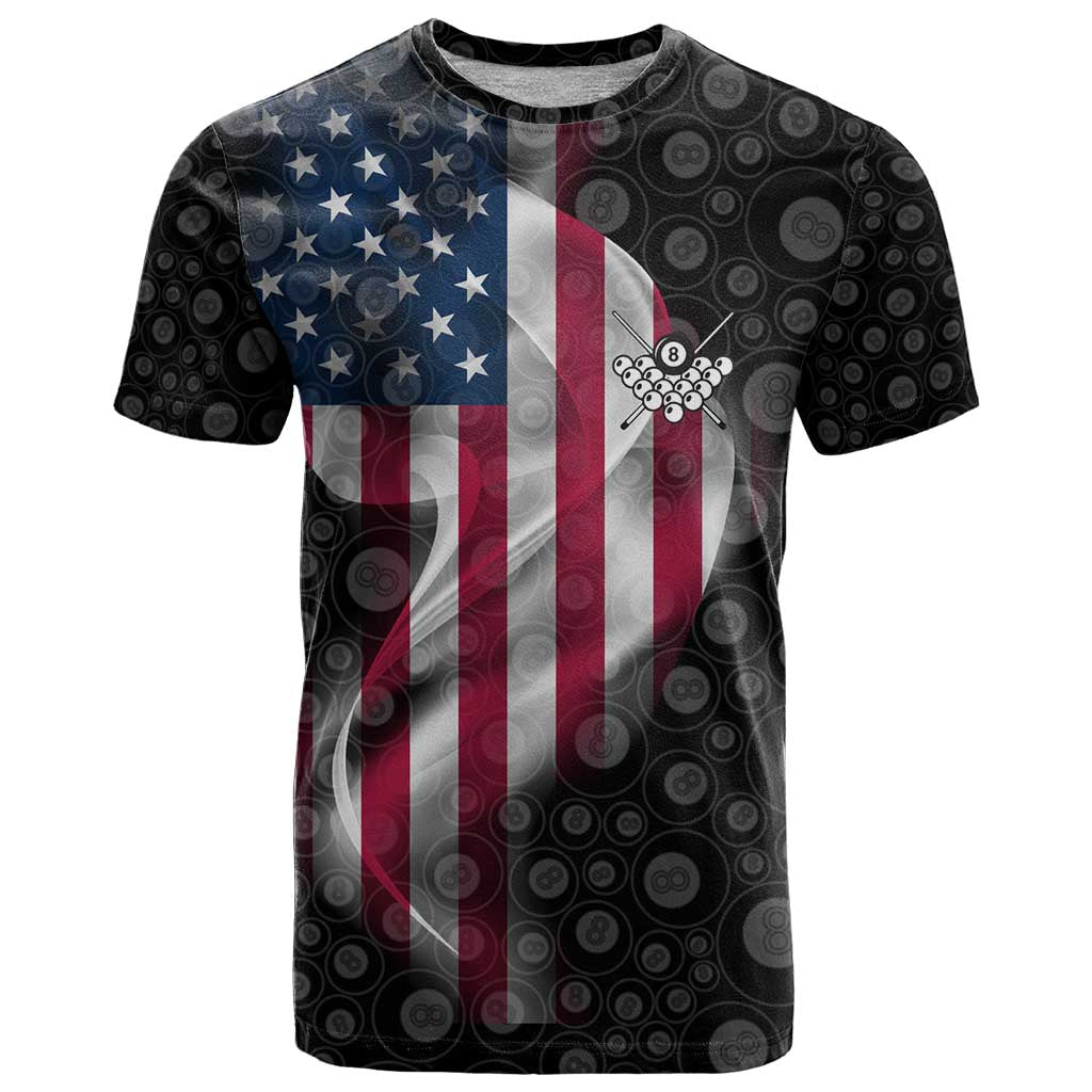 American Flag Bowling Ball and Pins Graphic T-Shirt with Black Patterned Background and Custom Team Name Design Graphic Tee