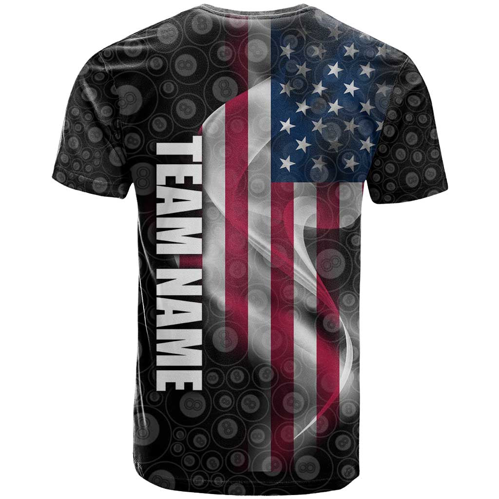 American Flag Bowling Ball and Pins Graphic T-Shirt with Black Patterned Background and Custom Team Name Design Graphic Tee