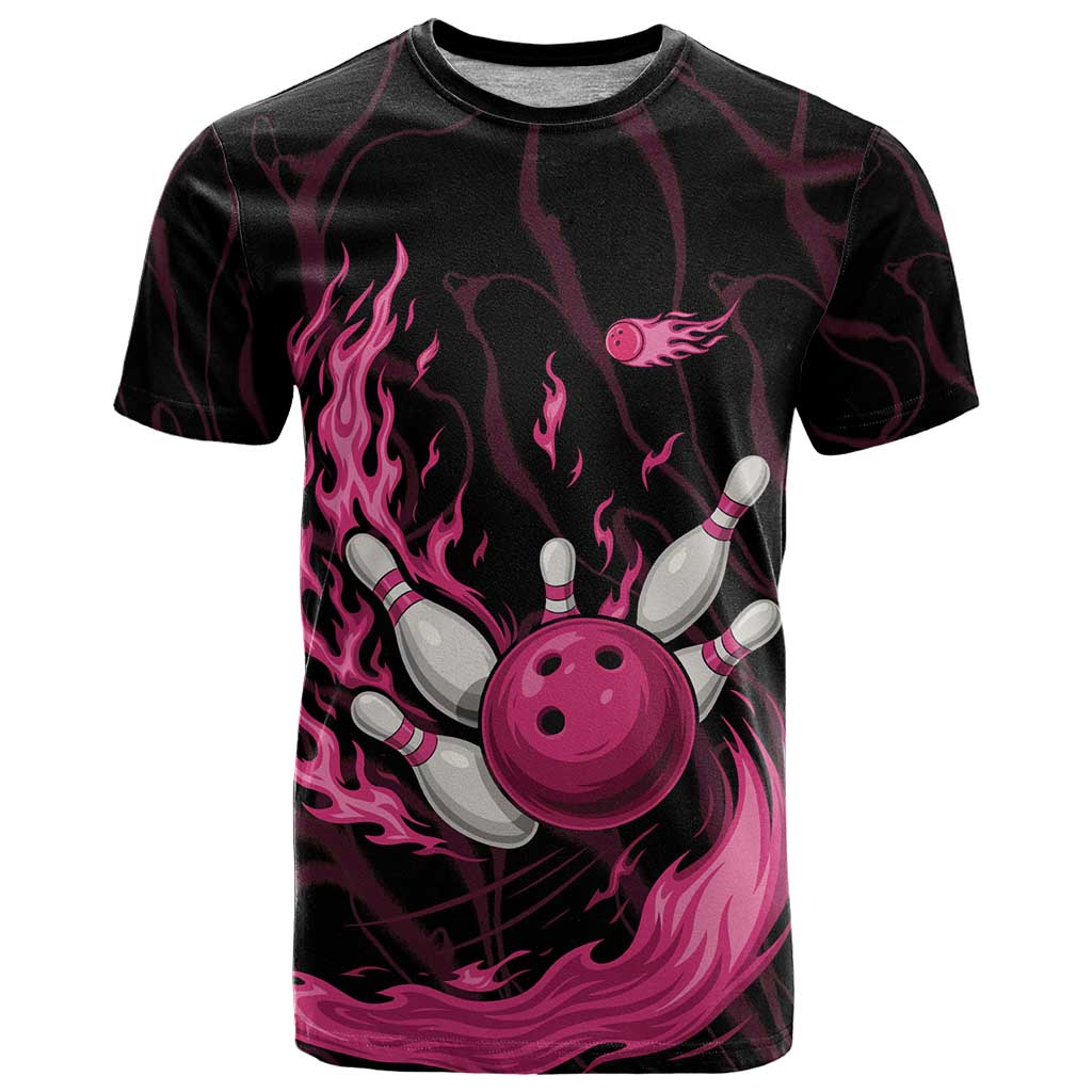 Pink Flaming Bowling Ball and Pins T-Shirt with Lightning Effect Graphic Design Graphic Tee