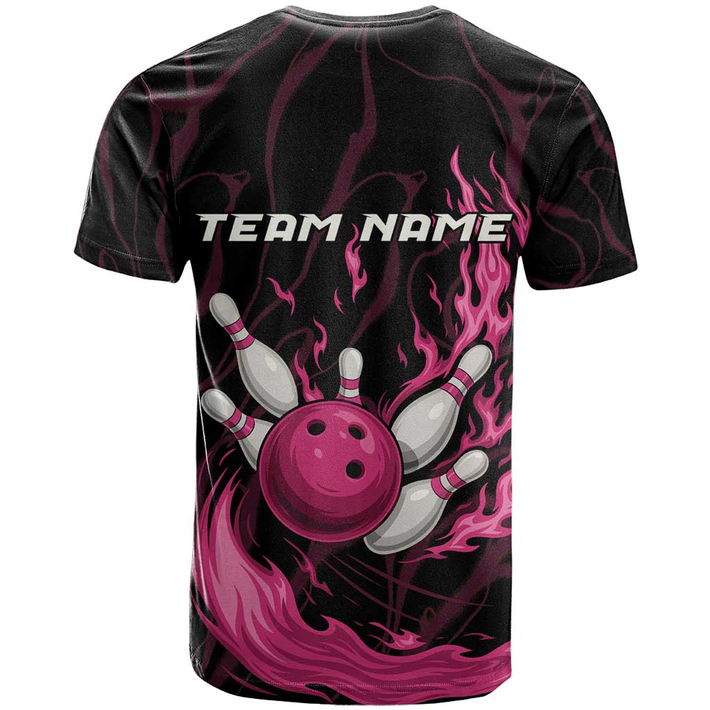 Pink Flaming Bowling Ball and Pins T-Shirt with Lightning Effect Graphic Design Graphic Tee
