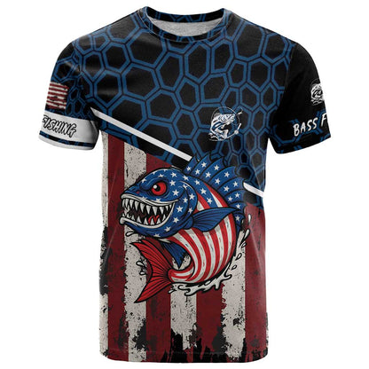 Aggressive Bass Fishing T-Shirt with American Flag Pattern on Grunge Hex Background Graphic Tee