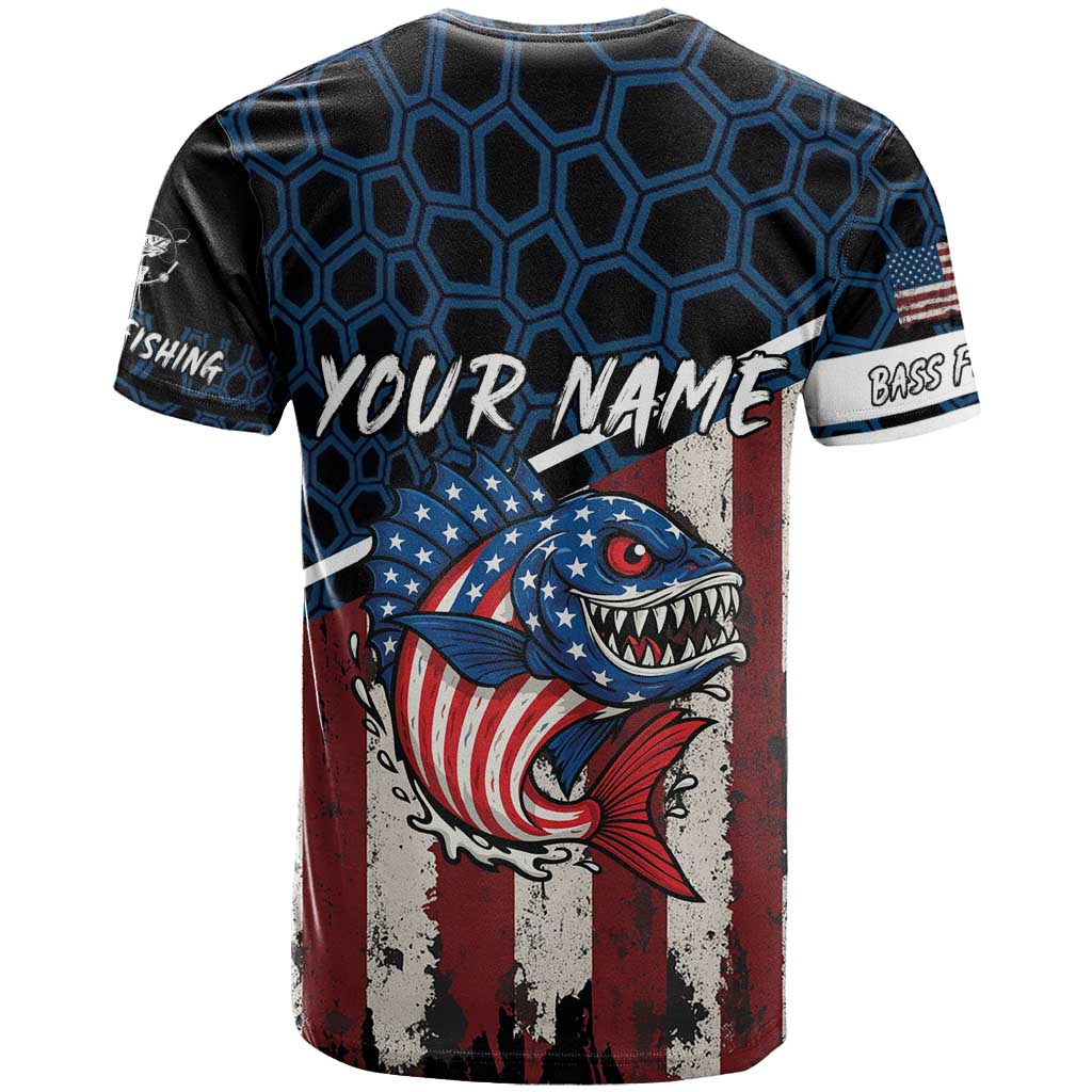 Aggressive Bass Fishing T-Shirt with American Flag Pattern on Grunge Hex Background Graphic Tee