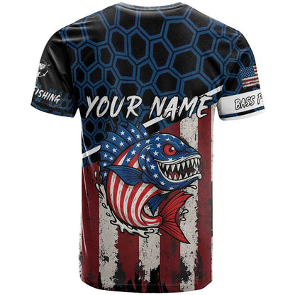 Aggressive Bass Fishing T-Shirt with American Flag Pattern on Grunge Hex Background Graphic Tee