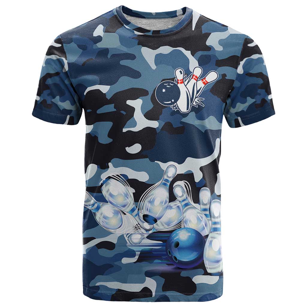 Blue Camouflage Pattern T-Shirt with Bowling Pins and Ball Graphic Design Graphic Tee