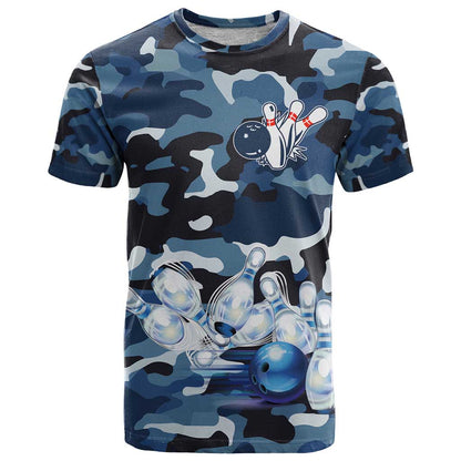 Blue Camouflage Pattern T-Shirt with Bowling Pins and Ball Graphic Design Graphic Tee