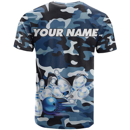Blue Camouflage Pattern T-Shirt with Bowling Pins and Ball Graphic Design Graphic Tee