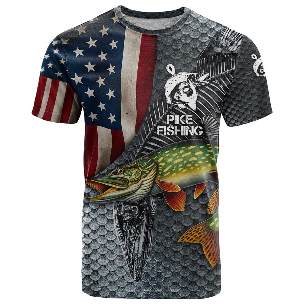 Pike Fishing T-Shirt with American Flag and Realistic Fish Scale Texture Design Graphic Tee