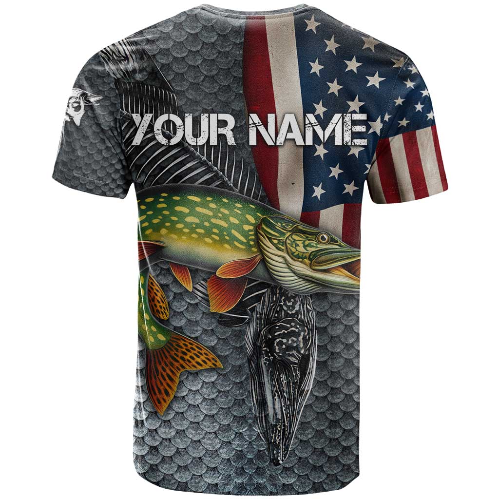Pike Fishing T-Shirt with American Flag and Realistic Fish Scale Texture Design Graphic Tee