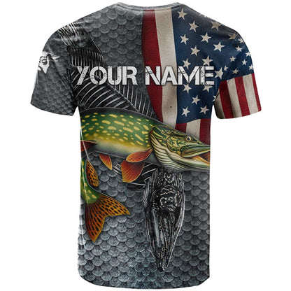 Pike Fishing T-Shirt with American Flag and Realistic Fish Scale Texture Design Graphic Tee