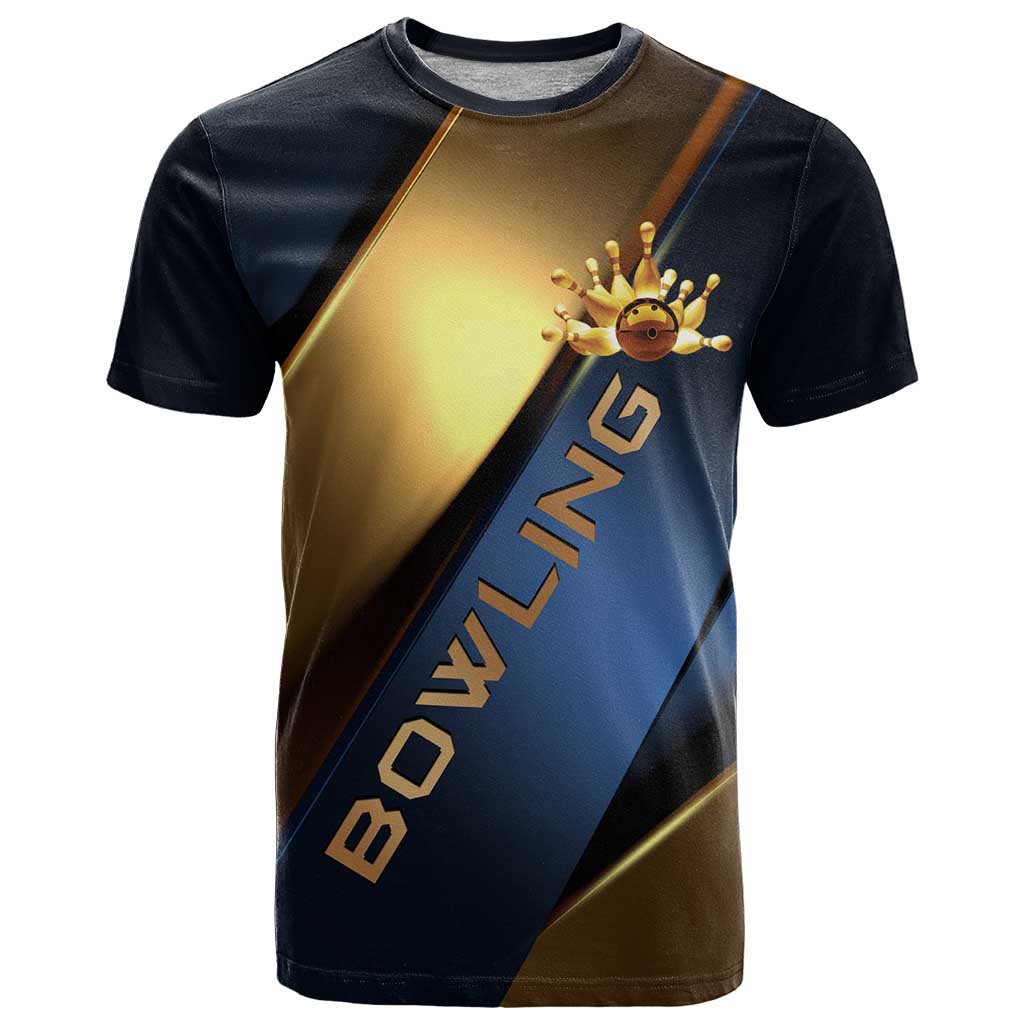Angry Bowling Ball and Pins T-Shirt with Blue and Gold Metallic Stripe Graphic Design Graphic Tee