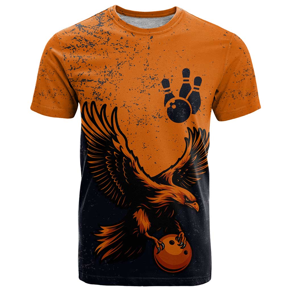 Flying Eagle Carrying Bowling Ball T-Shirt with Grunge Orange and Black Splatter Design Graphic Tee