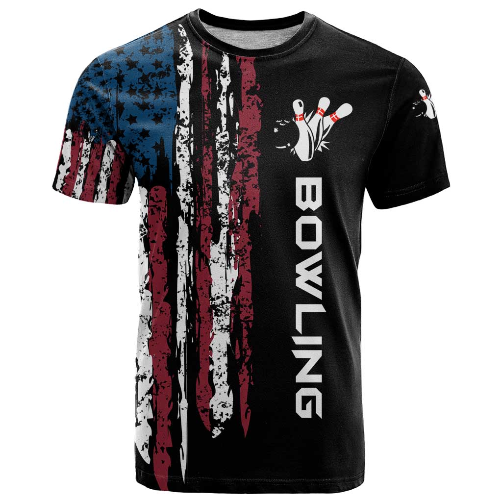 Distressed American Flag T-Shirt with Bowling Pins and Ball Vertical Stripe Design Graphic Tee