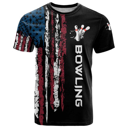 Distressed American Flag T-Shirt with Bowling Pins and Ball Vertical Stripe Design Graphic Tee