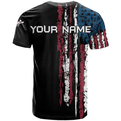 Distressed American Flag T-Shirt with Bowling Pins and Ball Vertical Stripe Design Graphic Tee