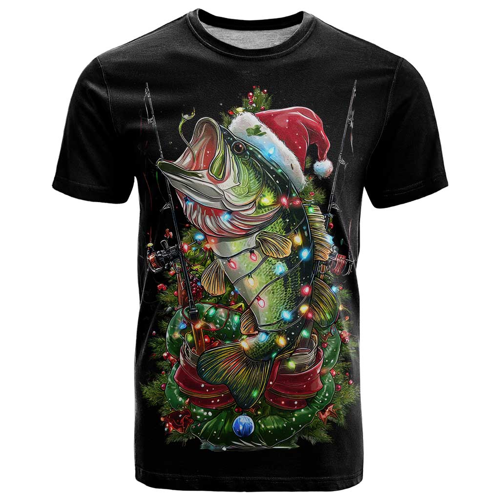 Custom Christmas Bass Fishing T-Shirt Santa Hat and Holiday Lights on Black Background Graphic Tee