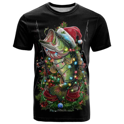 Custom Christmas Bass Fishing T-Shirt Santa Hat and Holiday Lights on Black Background Graphic Tee