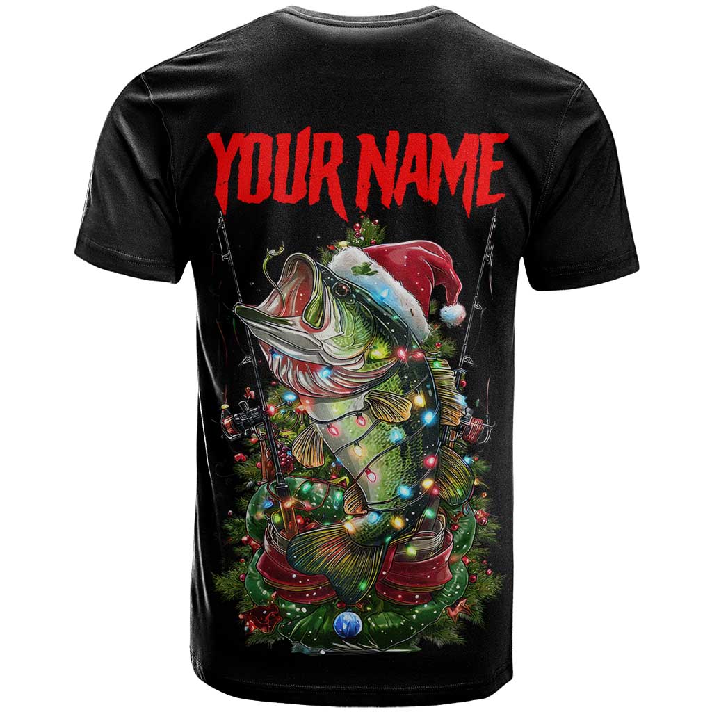 Custom Christmas Bass Fishing T-Shirt Santa Hat and Holiday Lights on Black Background Graphic Tee