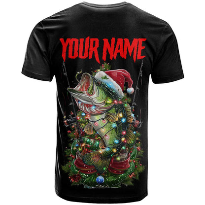 Custom Christmas Bass Fishing T-Shirt Santa Hat and Holiday Lights on Black Background Graphic Tee