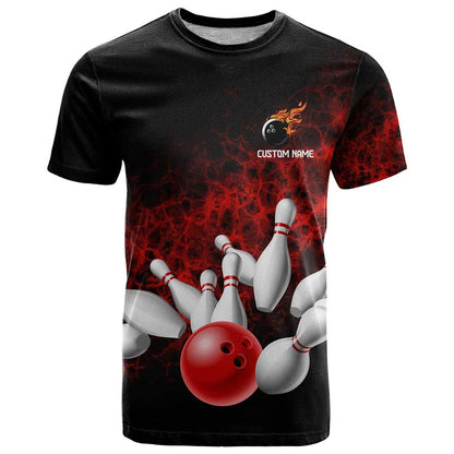 Red Bowling Ball and Pins Design T-Shirt with Fiery Smoke Background and Custom Team Name Text Graphic Tee