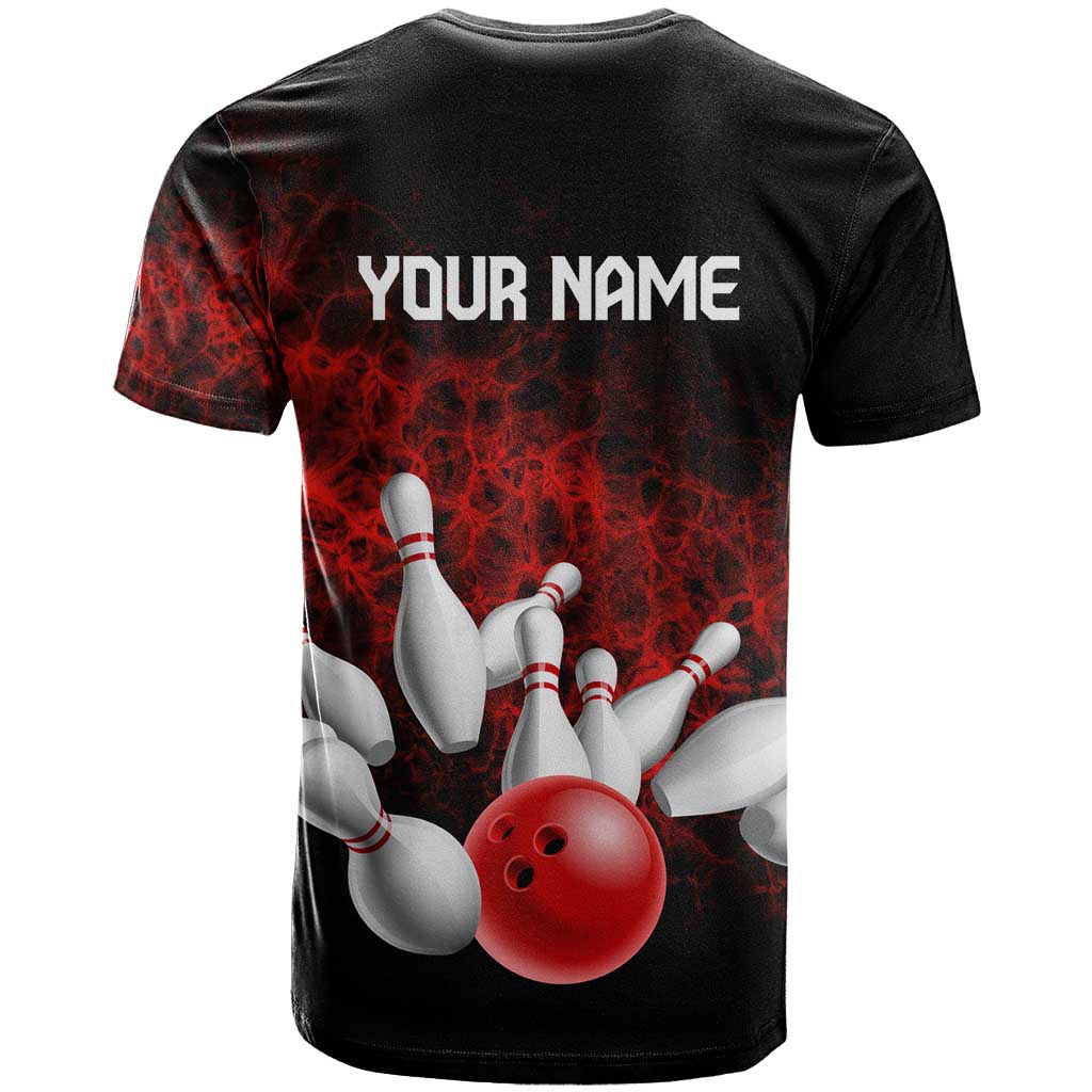 Red Bowling Ball and Pins Design T-Shirt with Fiery Smoke Background and Custom Team Name Text Graphic Tee