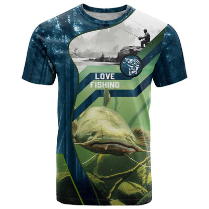 Catfish and Underwater Scene Design T-Shirt with Forest Background and Fishing Theme Elements Graphic Tee