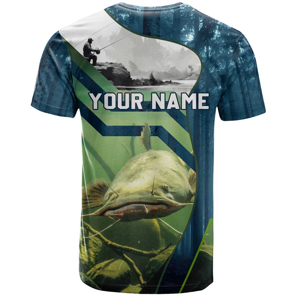 Catfish and Underwater Scene Design T-Shirt with Forest Background and Fishing Theme Elements Graphic Tee