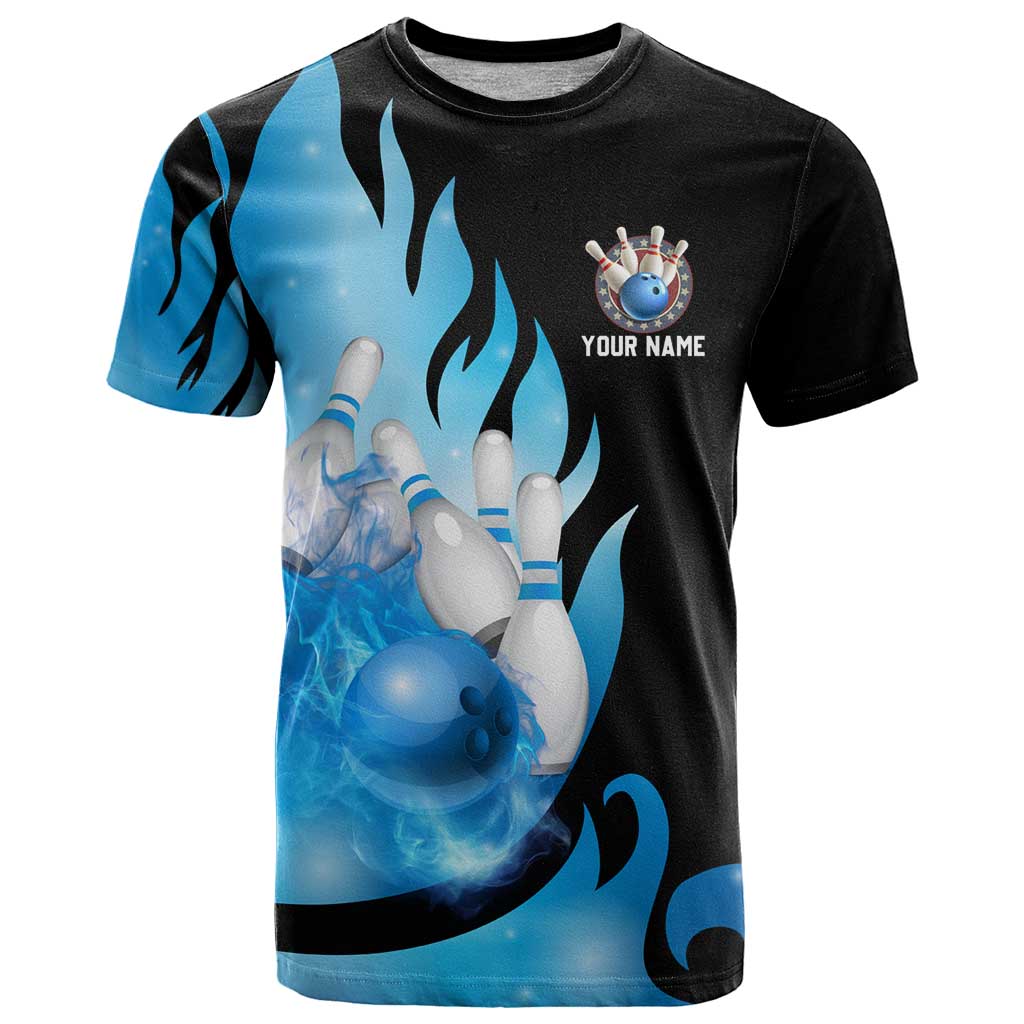 Blue Flame Bowling Ball and Pins Design T-Shirt with Smoke Effects and Custom Team Name Text Graphic Tee