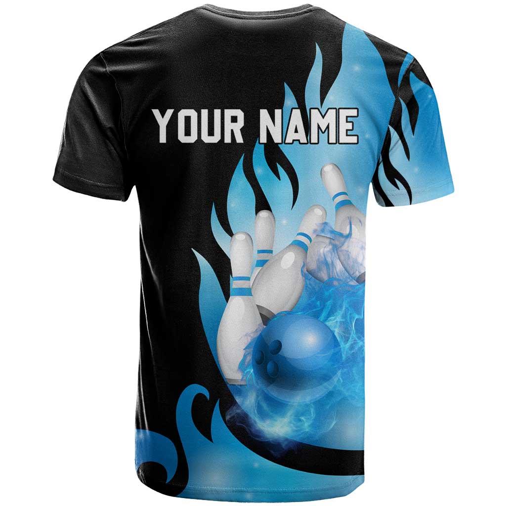 Blue Flame Bowling Ball and Pins Design T-Shirt with Smoke Effects and Custom Team Name Text Graphic Tee