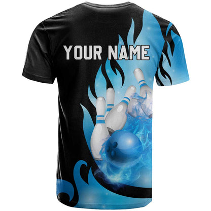 Blue Flame Bowling Ball and Pins Design T-Shirt with Smoke Effects and Custom Team Name Text Graphic Tee