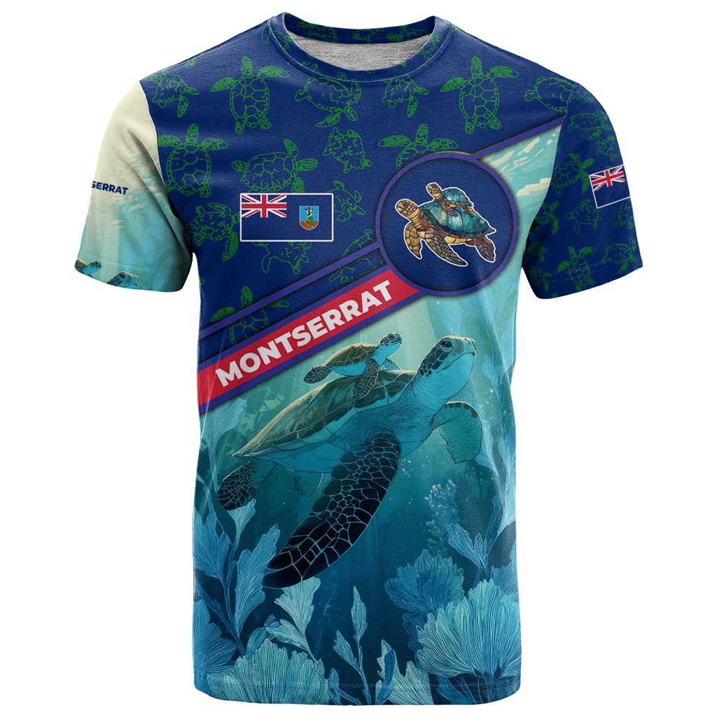Montserrat T-Shirt with Sea Turtle Illustration Blue Underwater Ocean Design Graphic Tee
