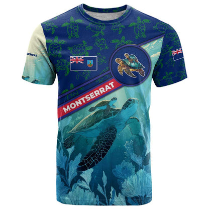 Montserrat T-Shirt with Sea Turtle Illustration Blue Underwater Ocean Design Graphic Tee