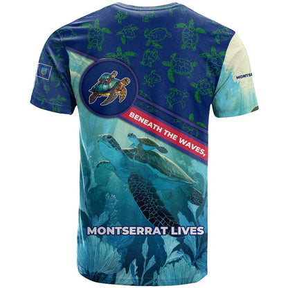 Montserrat T-Shirt with Sea Turtle Illustration Blue Underwater Ocean Design Graphic Tee