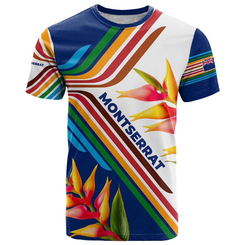 Montserrat T-Shirt with Heliconia Flower Illustration Colorful Retro Stripe Design Graphic Tee