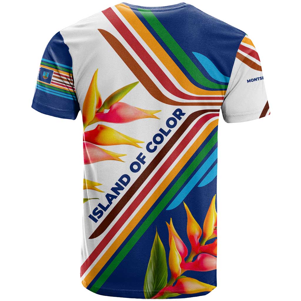 Montserrat T-Shirt with Heliconia Flower Illustration Colorful Retro Stripe Design Graphic Tee