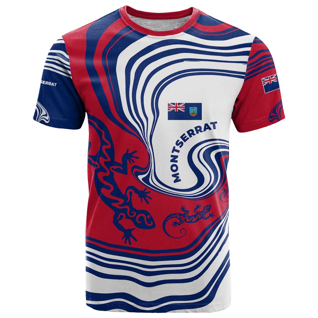 Montserrat T-Shirt with Gecko Illustration Red Blue Wavy Line Design Graphic Tee
