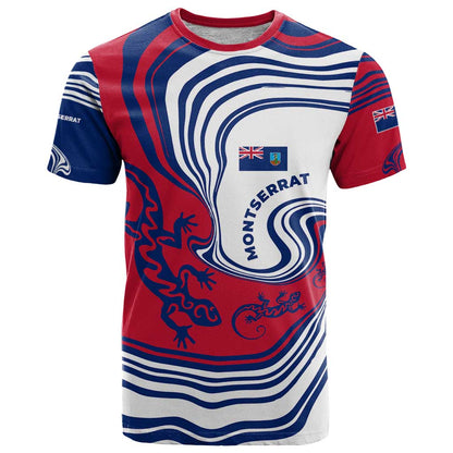 Montserrat T-Shirt with Gecko Illustration Red Blue Wavy Line Design Graphic Tee