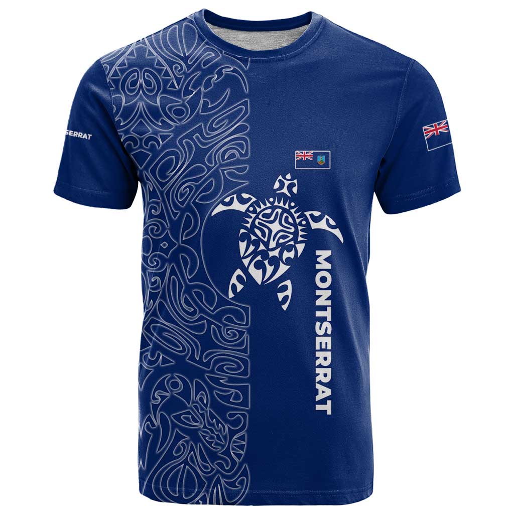 Montserrat T-Shirt with Tribal Sea Turtle Illustration Blue Polynesian Pattern Design Graphic Tee