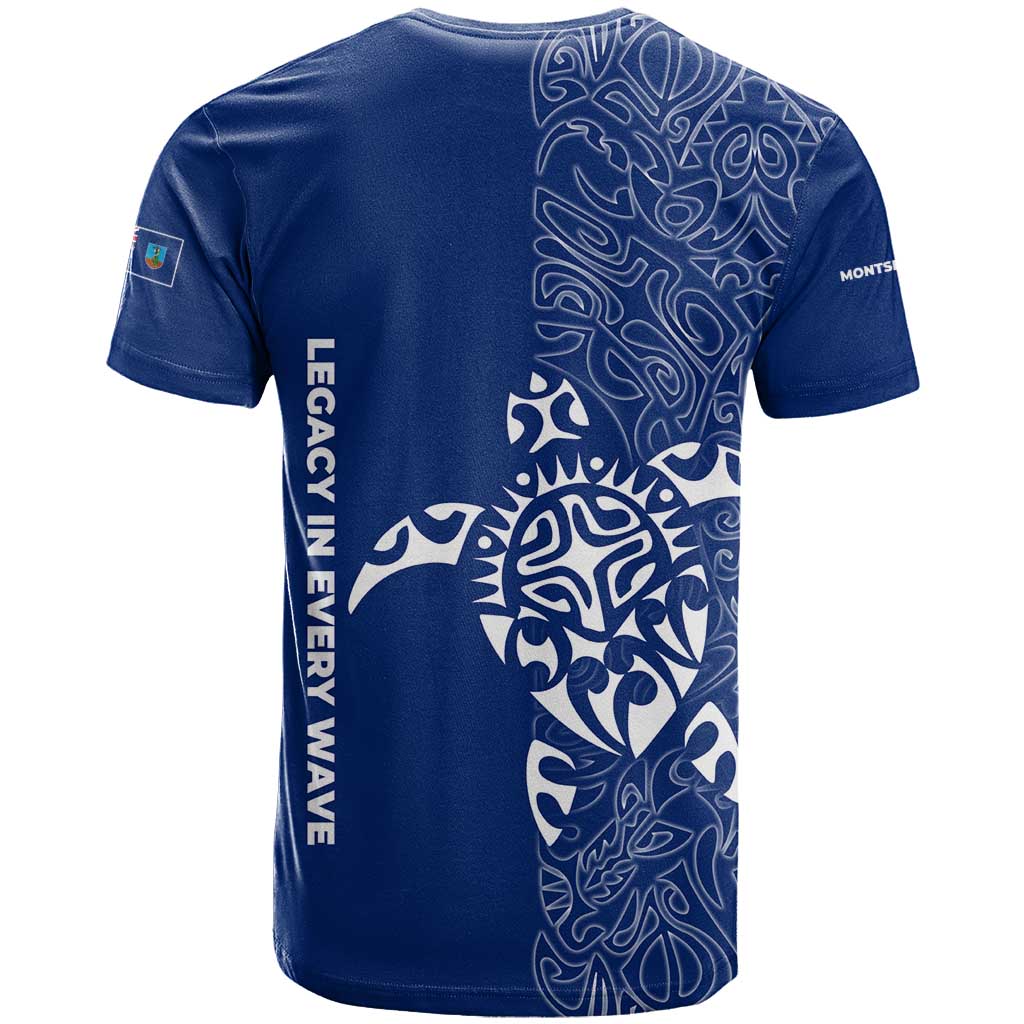 Montserrat T-Shirt with Tribal Sea Turtle Illustration Blue Polynesian Pattern Design Graphic Tee