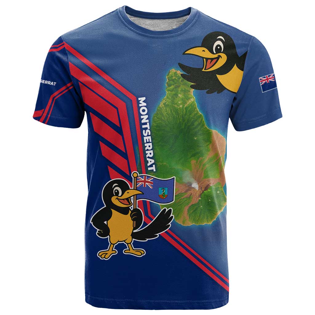 Montserrat T-Shirt with Cartoon Bird and Island Map Blue Red Stripe Design Graphic Tee