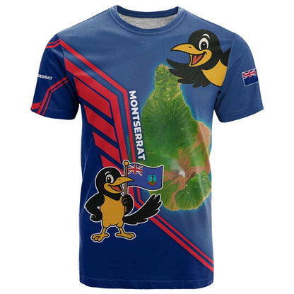 Montserrat T-Shirt with Cartoon Bird and Island Map Blue Red Stripe Design Graphic Tee
