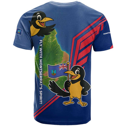 Montserrat T-Shirt with Cartoon Bird and Island Map Blue Red Stripe Design Graphic Tee