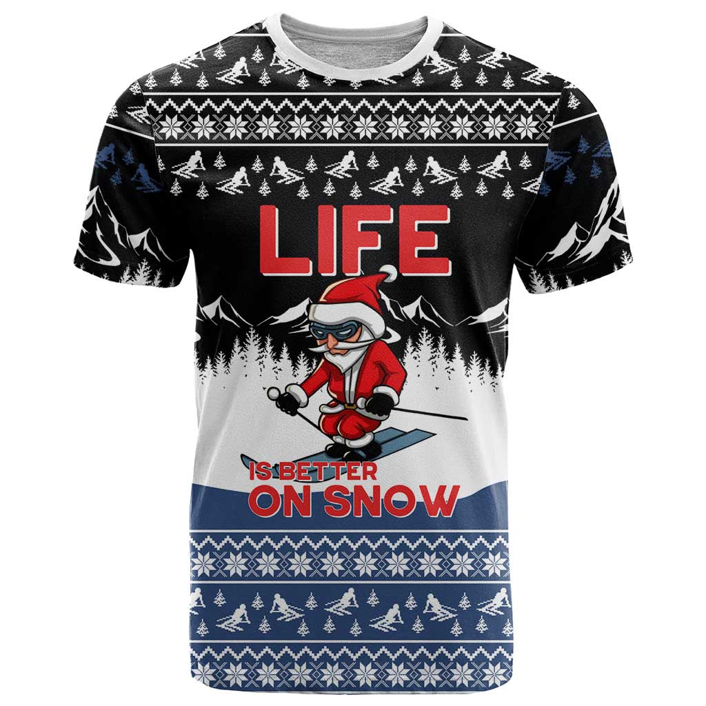 Skiing Life Is Better On Snow Christmas T-Shirt Xmas Holiday Patterns Graphic Tee