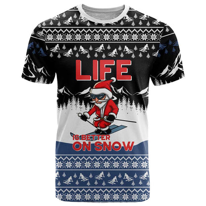 Skiing Life Is Better On Snow Christmas T-Shirt Xmas Holiday Patterns Graphic Tee